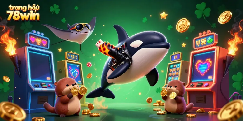 Experience the thrill of gaming at trang chủ 78win with vibrant 3D characters surrounded by coins and slot machines.