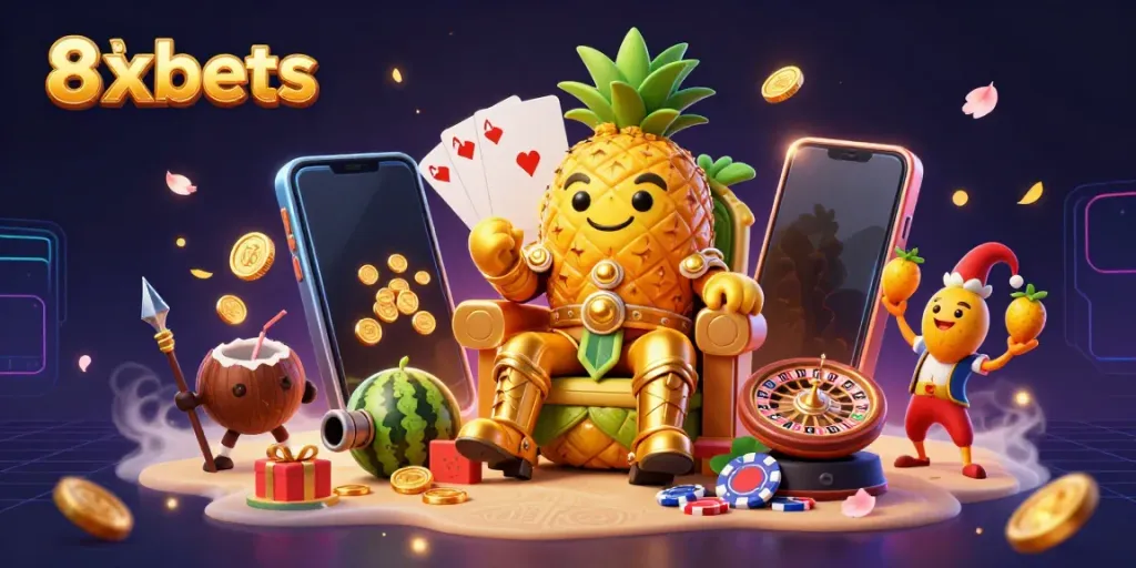 Engage with 8xbets in a vibrant casino scene featuring a golden pineapple king and playful characters.