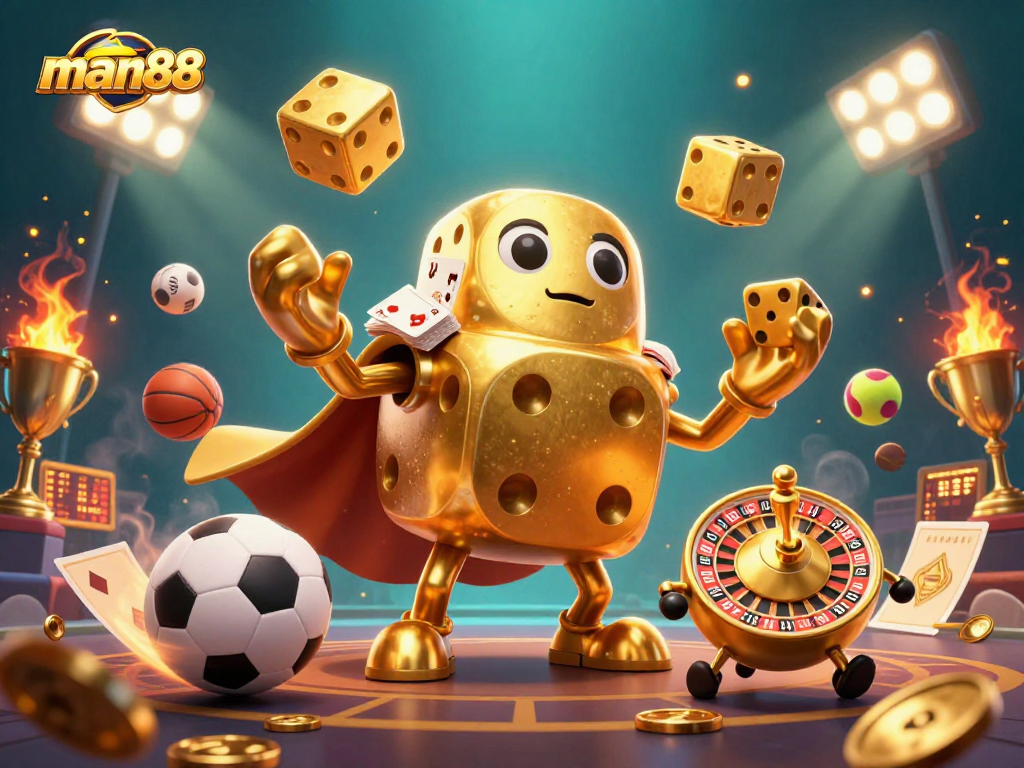 Experience thrilling moments with man88's golden dice golem and dynamic sports elements in this 3D casino illustration.