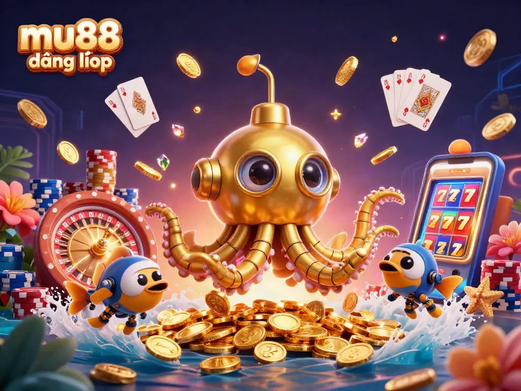 Engage with mu88 đăng nhập as the golden kraken submarine surfaces through coins, showcasing vibrant casino action.