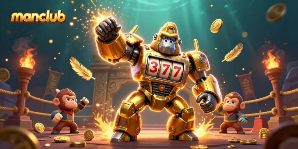 The manclub gorilla mech triumphs in a spectacular casino-themed showdown, surrounded by gold and excitement.