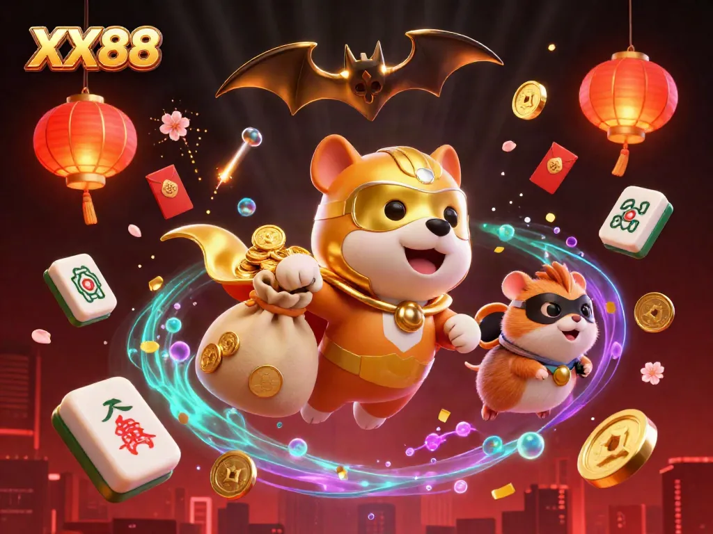 Experience thrilling gameplay at XX88 with a 3D superhero dog and hamster amidst festive casino elements.