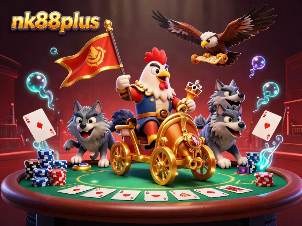 Engage in thrilling poker action at nk88plus with a vibrant 3D casino scene featuring a rooster warlord.