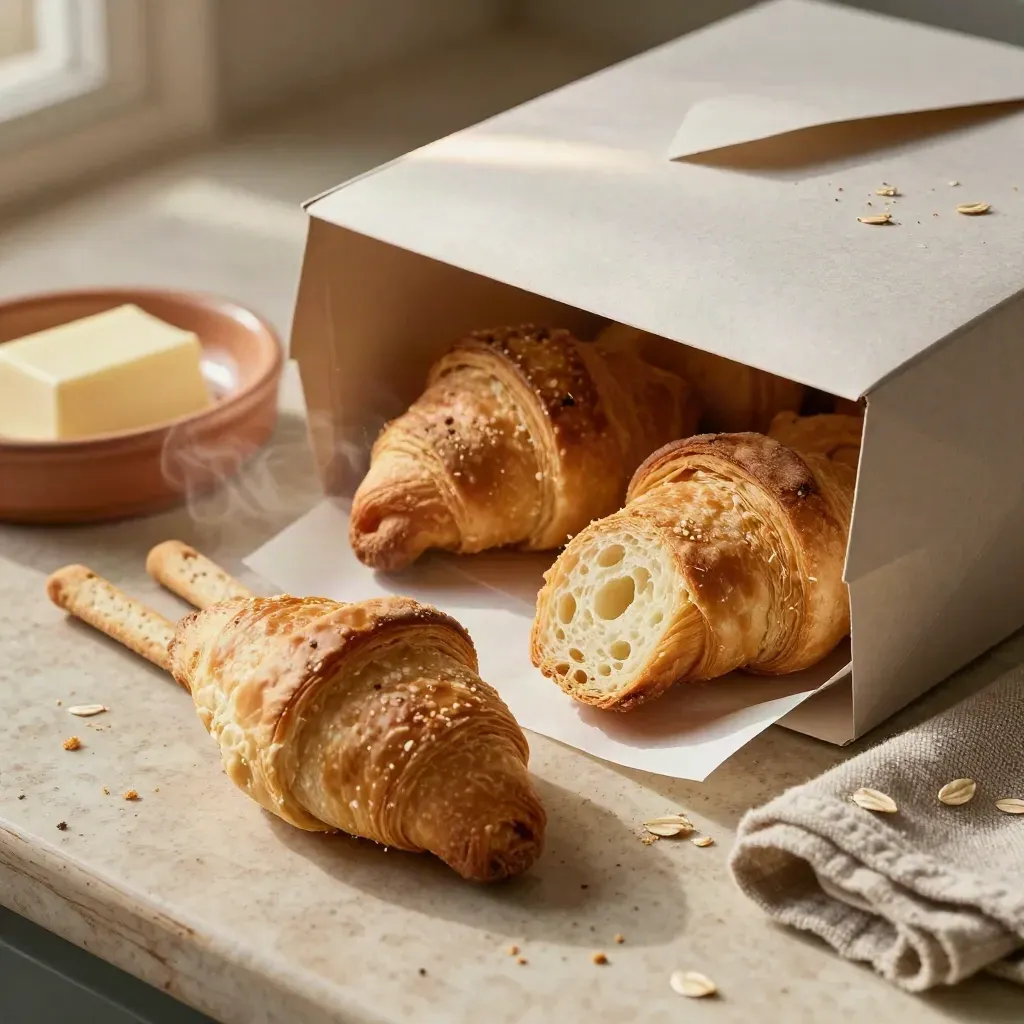Box colazione aperto con cornetti, focaccia dolce, grissini, lino e burriera in ceramica.