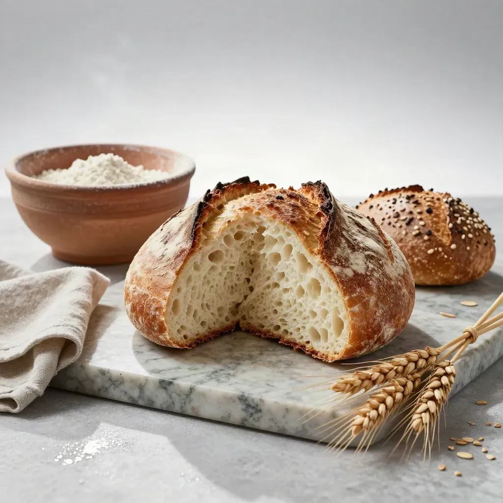 Pagnotta madre aperta, pane ai semi, ciotola di farina, lino e spighe su pietra chiara.
