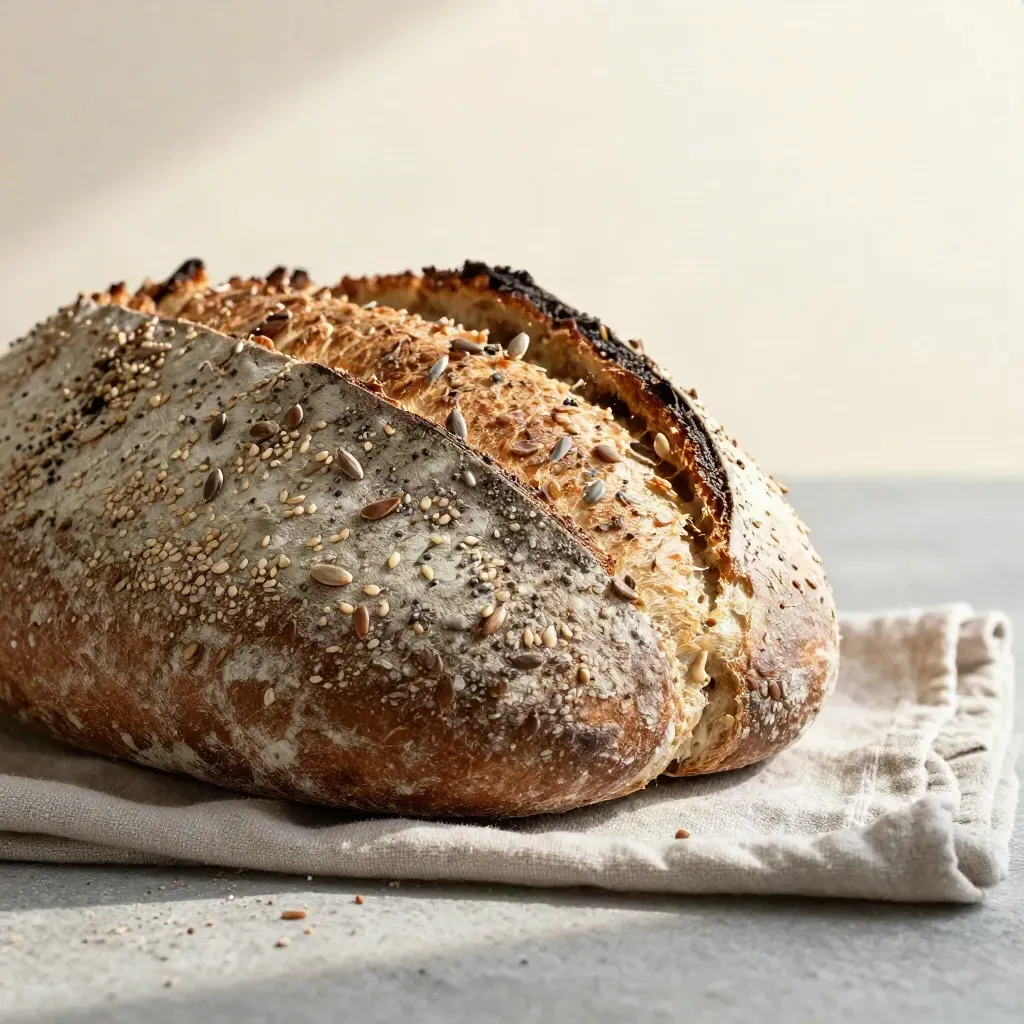 Boule integrale ai semi con fetta tagliata, semi in caduta e luce radente su fondo crema.
