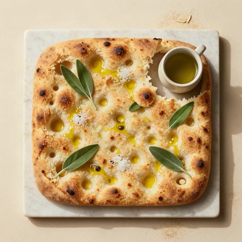 Focaccia alta alla salvia con olio, sale e ciotolina su pietra chiara, vista dall’alto.