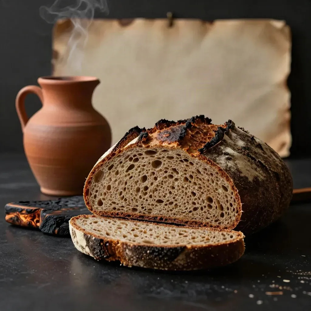 Pagnotta di segale rustica con fetta, brocca in ceramica e asse bruciato su sfondo scuro.
