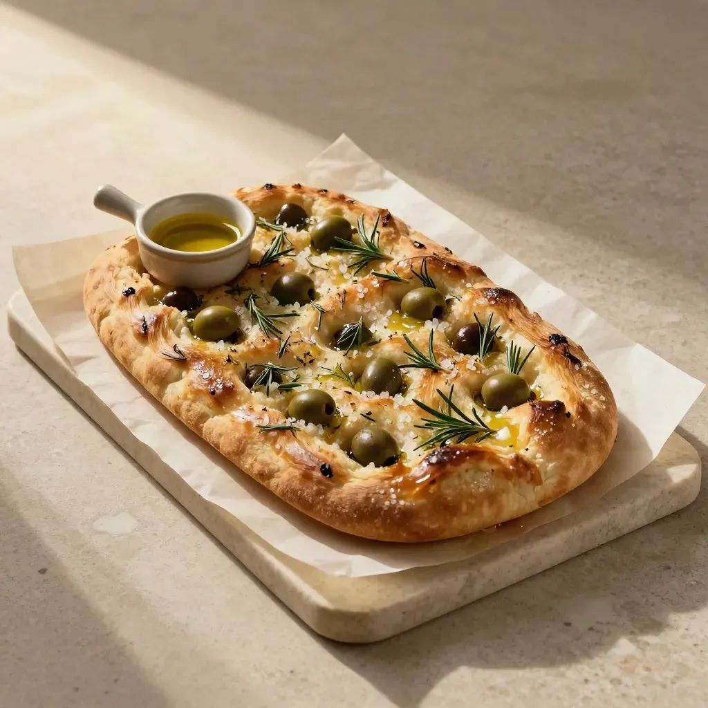 Focaccia genovese con rosmarino, sale grosso e olio su pergamena.