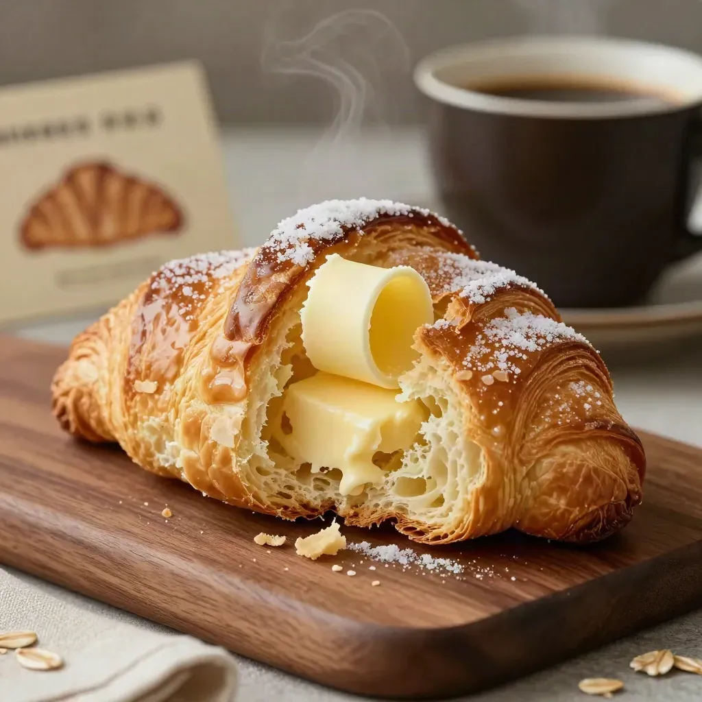 Brioche al burro aperta con briciole di zucchero e tazza di caffè sfocata dietro.