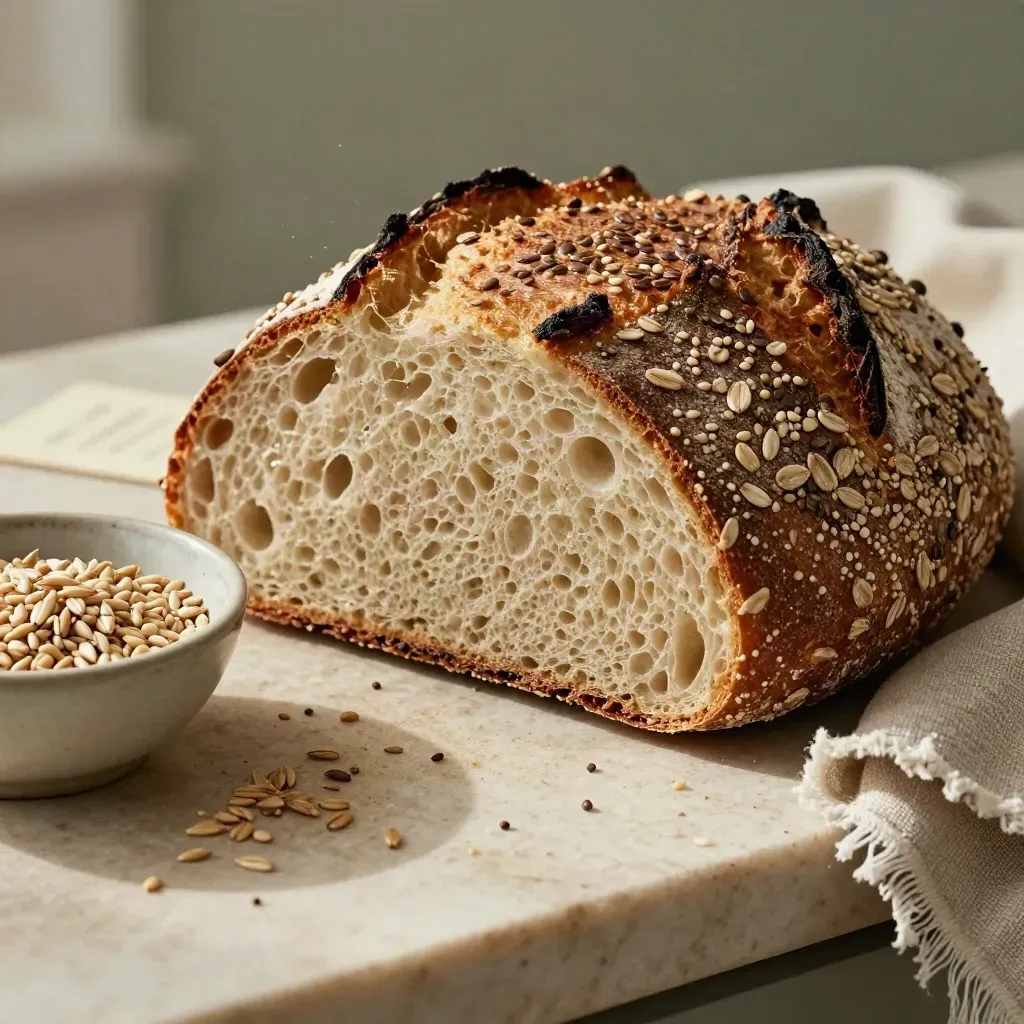 Pane ai cereali in macro con semi, granella e lino su fondo chiaro