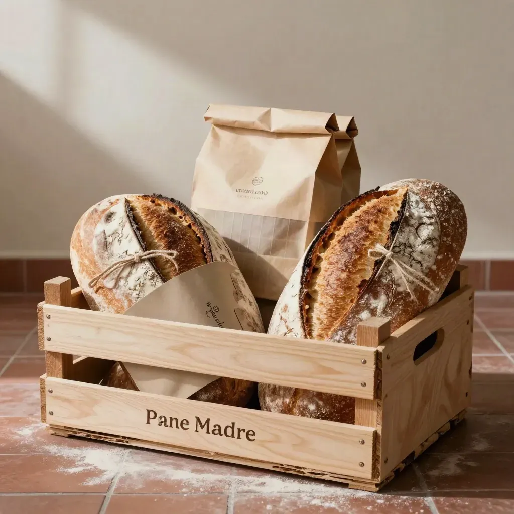 Cassetta settimanale di pane artigianale con pagnotte, pacchi di carta e vapore caldo.