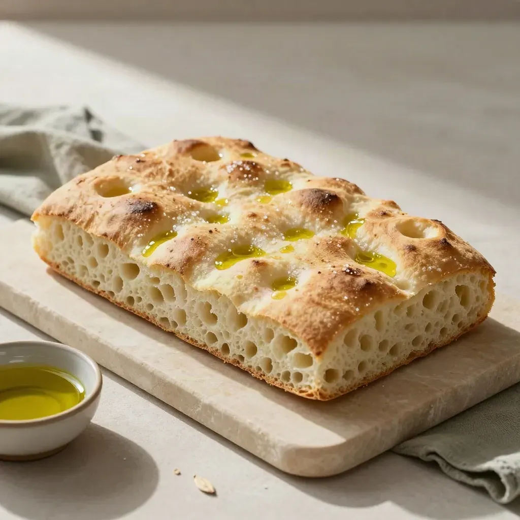 Focaccia bianca rettangolare con olio, sale e lino salvia su lastra di pietra chiara.