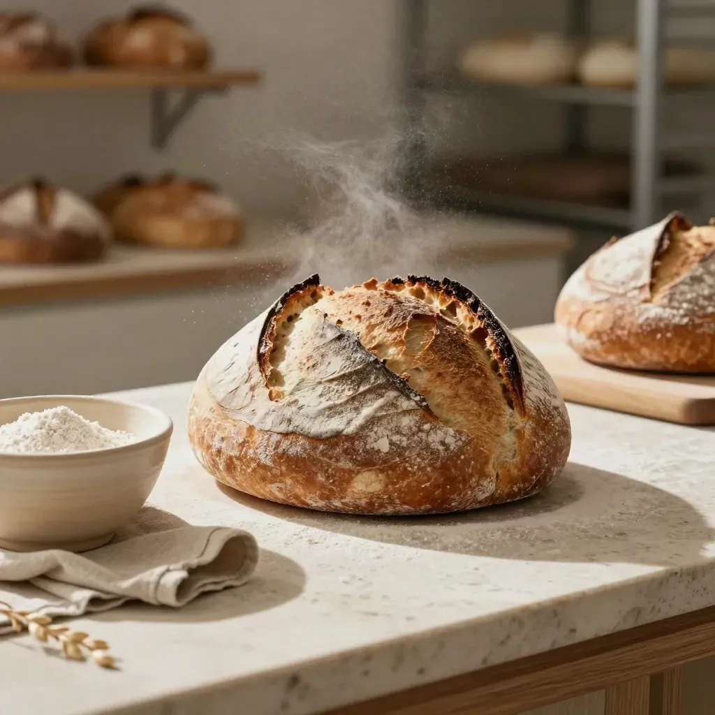 Pagnotta di pane sourdough con mollica visibile su banco di travertino, lino e ciotola di farina