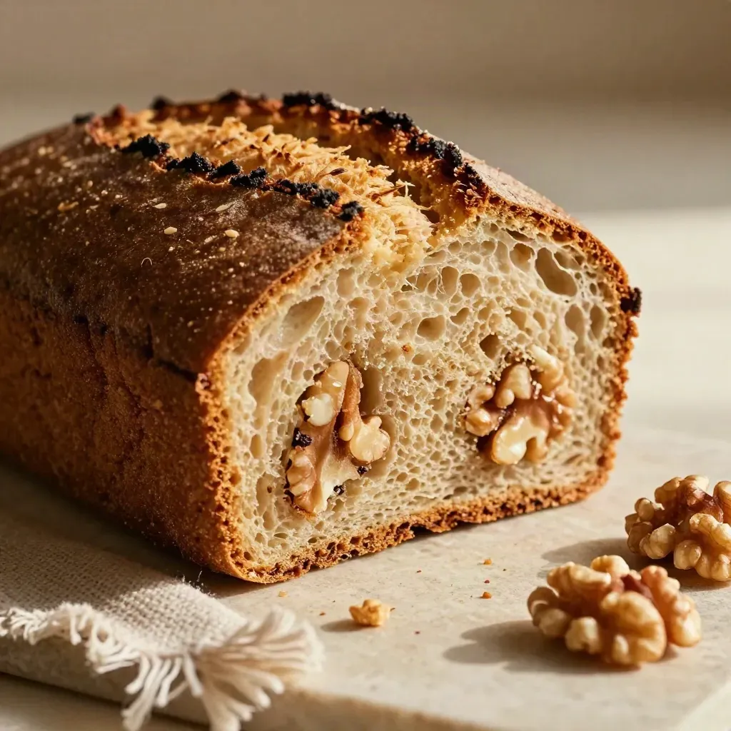 Primo piano di pane ai noci tagliato con noci spezzate e panno di lana ruvido.