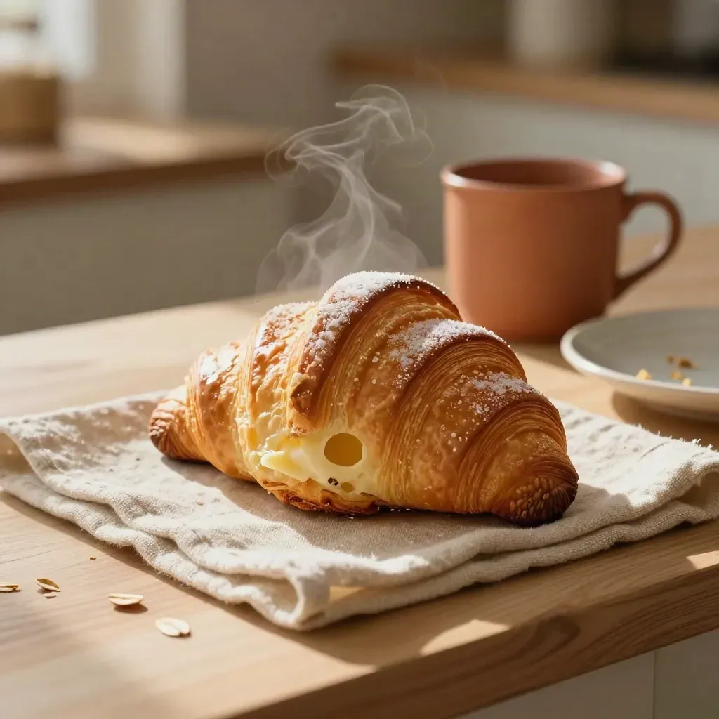 Cornetto vuoto su panno di lino, con tazza sfocata dietro e vapore leggero.