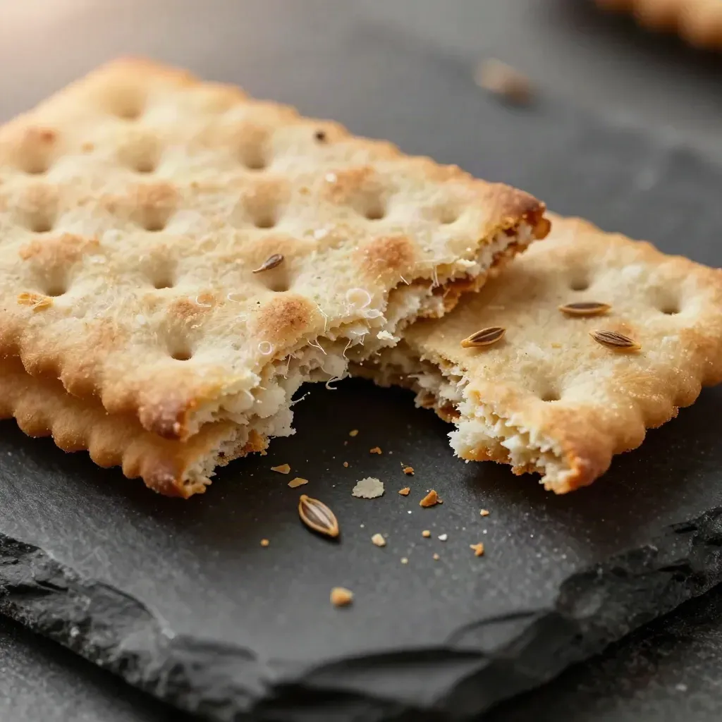 Cracker di segale a ventaglio con briciole e semi su pietra scura.