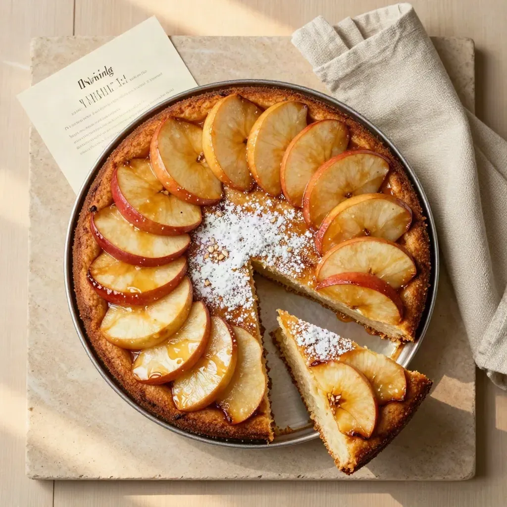 Torta di mele in teglia rotonda con fetta sollevata, zucchero a velo e lino.