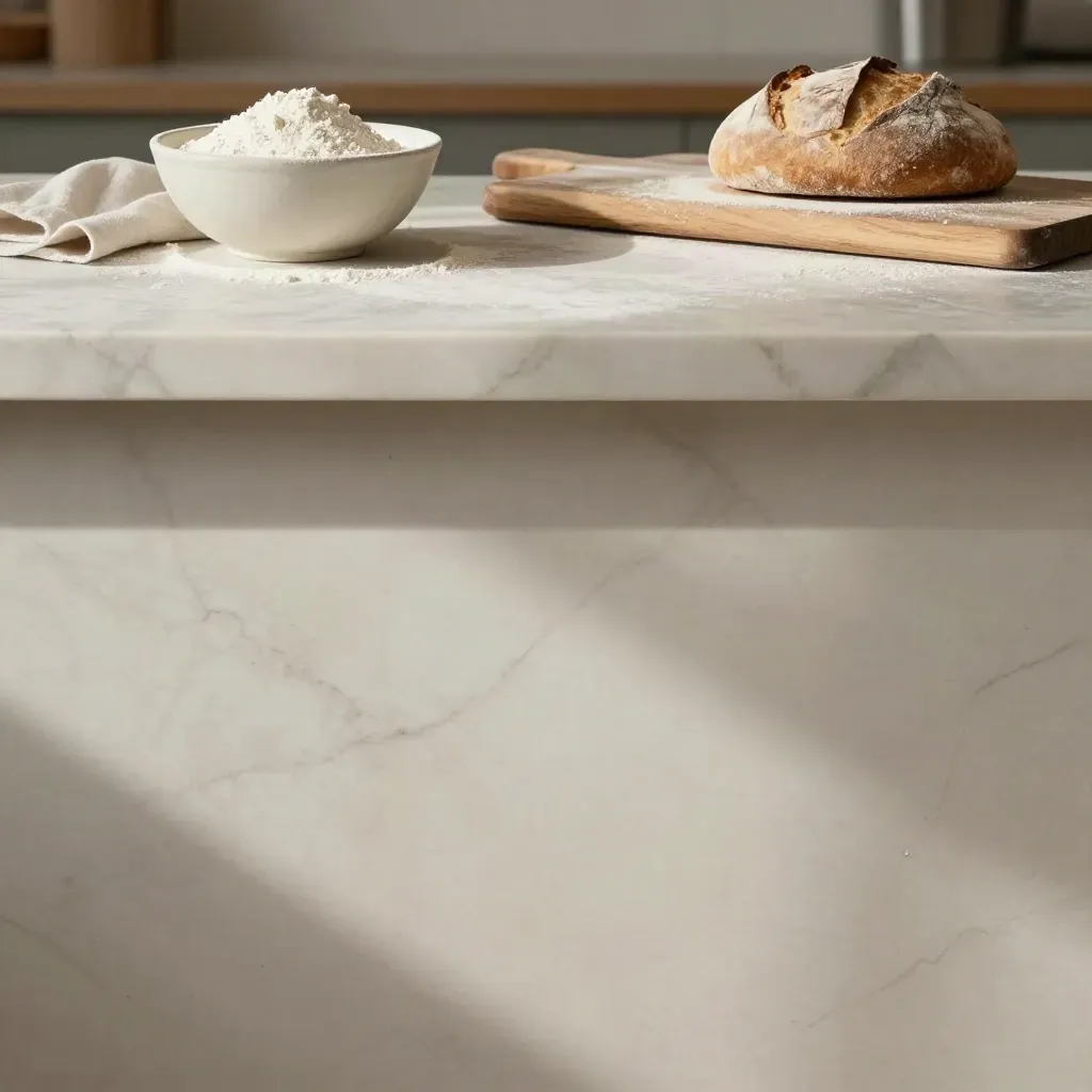 Banco di marmo chiaro con farina, telo impastato e pala da pane in luce mattutina
