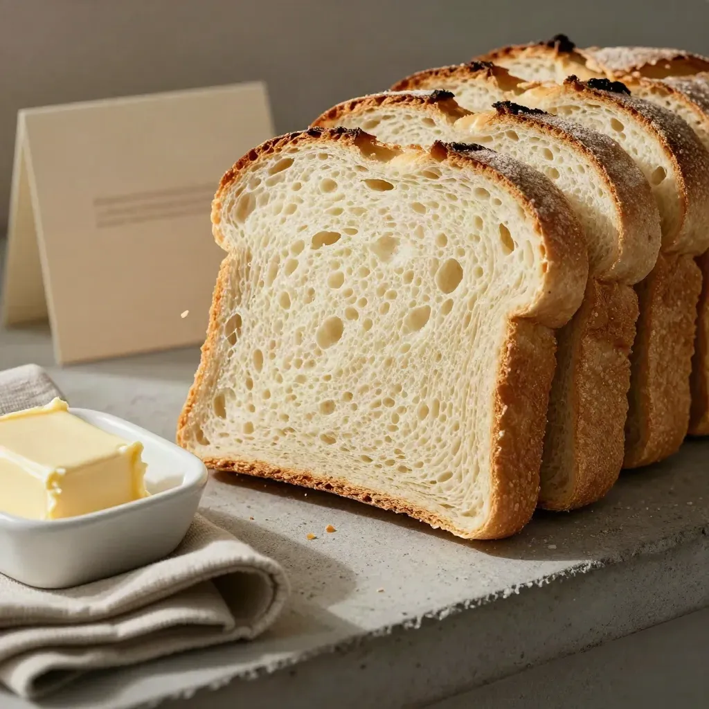 Fette di pane per toast in pila con burro e panno piegato, luce morbida