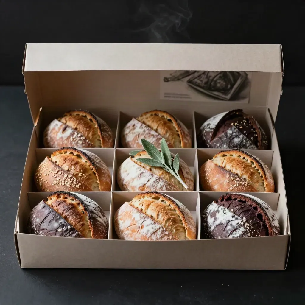 Box catering aperto con dodici pani e panini assortiti in griglia, vapore caldo e luce drammatica.