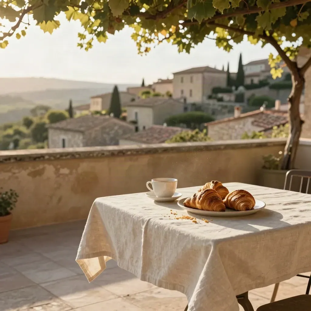 Terrazza in pietra con cornetti, tazza e lino al sole del mattino.