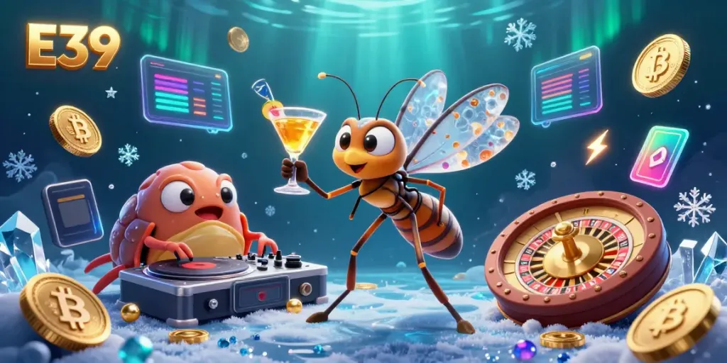 Join the excitement at E39 with a dynamic casino scene featuring a frozen mosquito mascot and vibrant crypto elements.