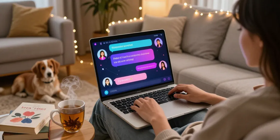 Cozy environment showcasing a user engaging in ai sex chat on a laptop, with vibrant chat interface and ambient lighting.