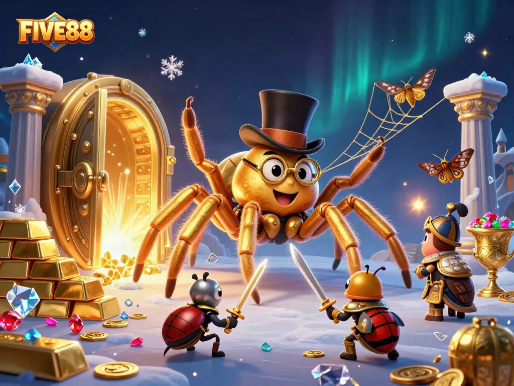Engage in thrilling adventures with FIVE88 as the brave beetle knight faces a golden tarantula in an enchanted casino scene.