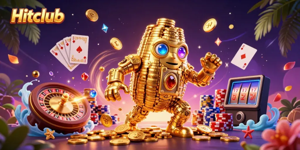 Experience thrilling wins at Hitclub with vibrant visuals of golden coins and casino elements.