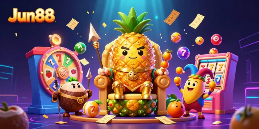 Join the excitement with Jun88 as a golden pineapple king reigns in a vibrant casino scene.