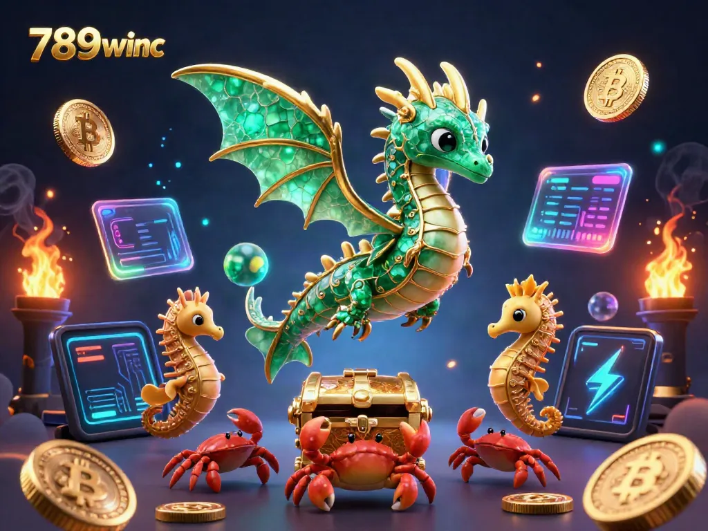 Engage with 789winc through a vibrant casino-themed scene featuring a majestic sea dragon and crypto elements.