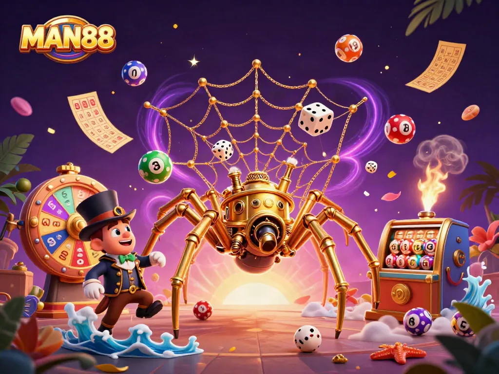 Engage with MAN88 featuring a steampunk spider and gambling elements in a vibrant casino scene.