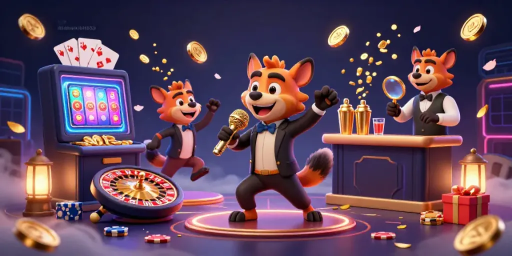 Experience the fun at jiliwin133's comedy casino with hyenas performing, as golden coins & playing cards circulate.