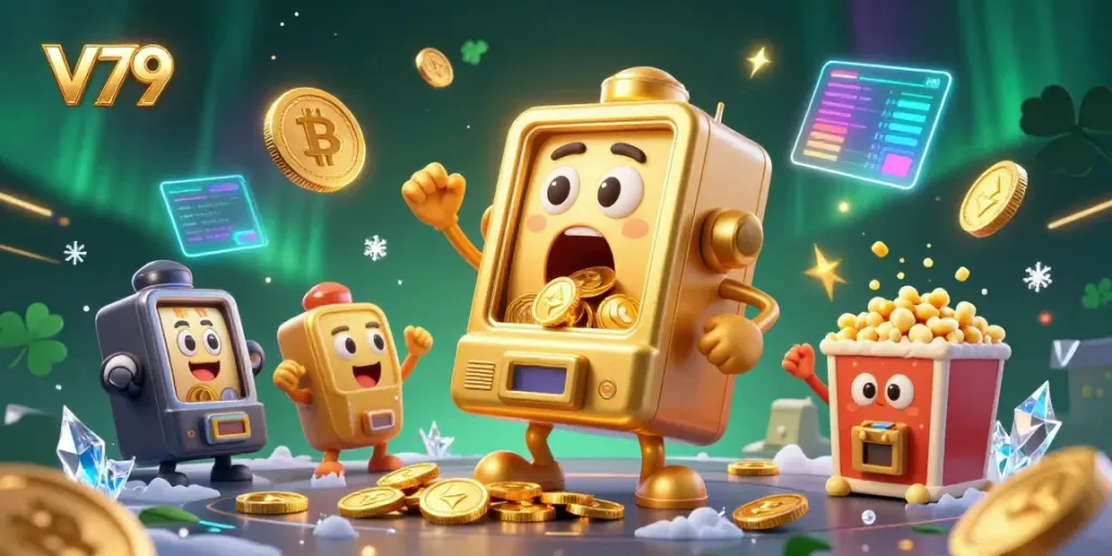 Experience the excitement of V79 with a cartoon golden slot machine winning a jackpot amidst cheering baby slots and crypto coins.