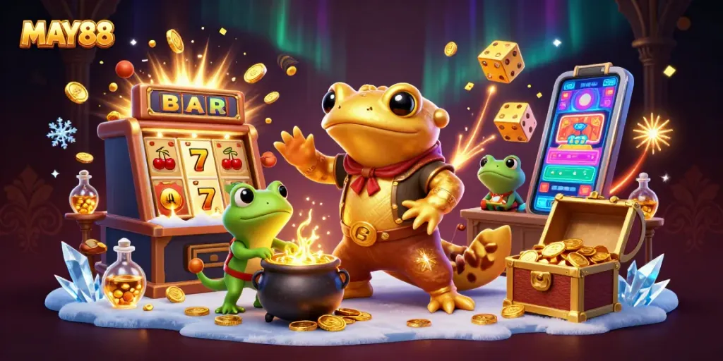 Experience MAY88’s thrilling casino ambiance with golden alchemists crafting riches and vibrant game elements.