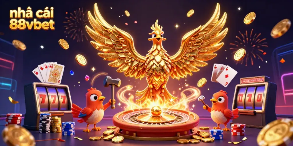 Activate your luck at nhà cái 88vbet with a stunning visual of gold coins and vibrant casino elements.