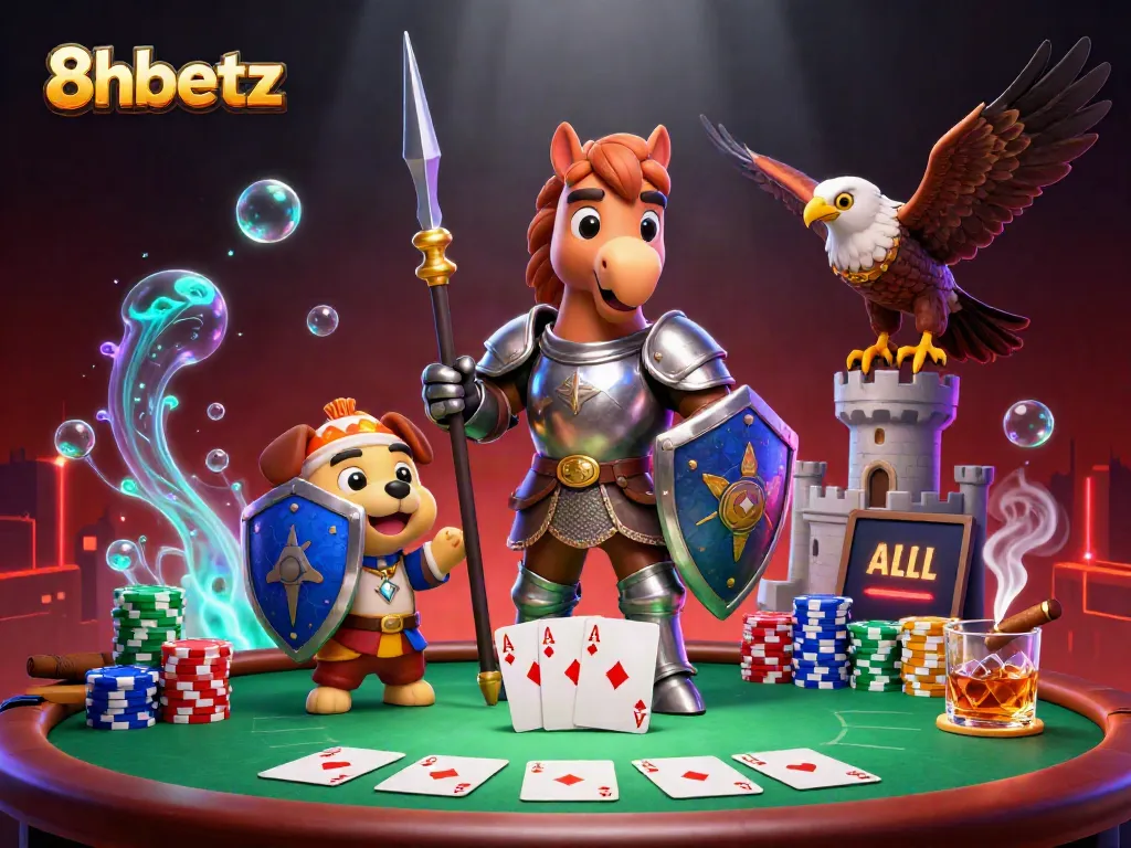 Experience thrilling gameplay with 8xbetz, featuring a medieval knight, a playful squire puppy, and a majestic falcon surrounded by vibrant poker elements.
