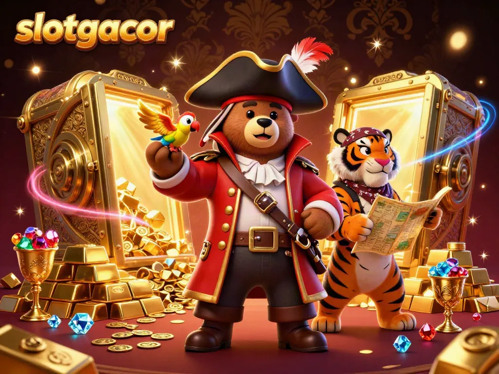 Experience the thrill of slotgacor with a vibrant 3D casino scene featuring a pirate bear, tiger first mate, and treasures.