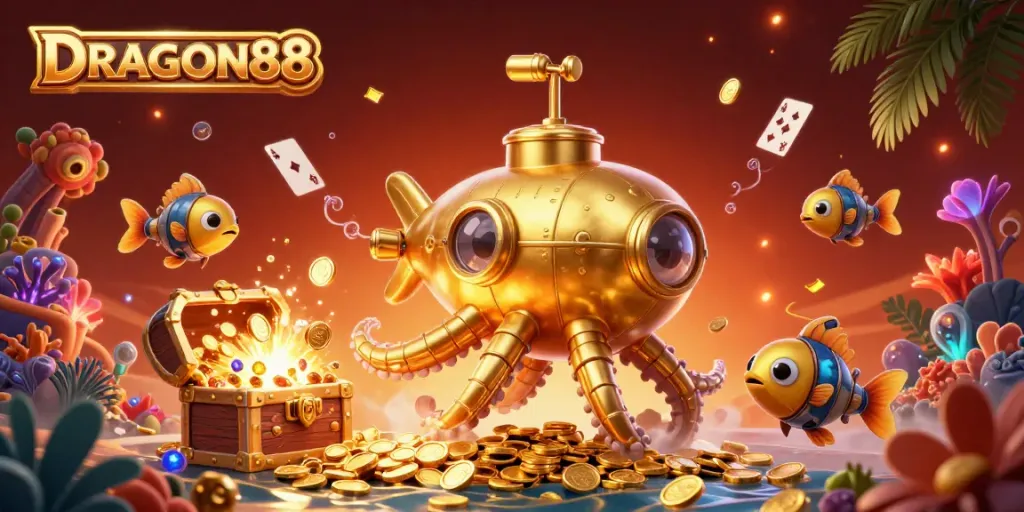 Experience the thrilling world of DRAGON88 with a golden kraken submarine amidst gold coins and gaming elements.