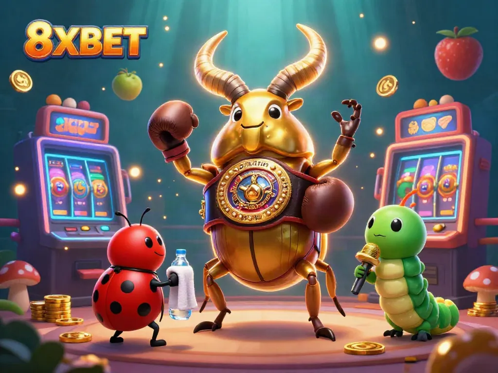 Experience the thrilling 8XBET online casino with vibrant slot machines and cartoon characters.