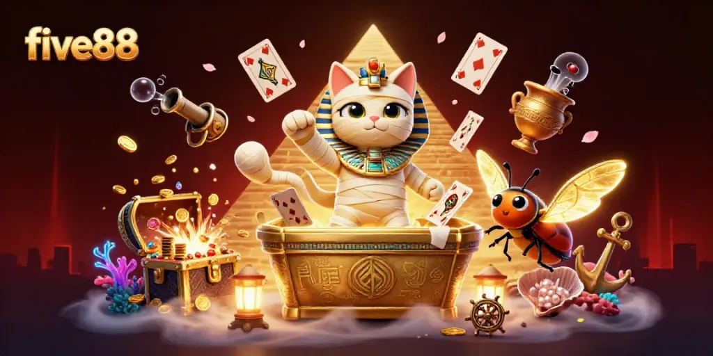 Experience five88's engaging online casino adventure with a thrilling mummy cat character in a pyramid.