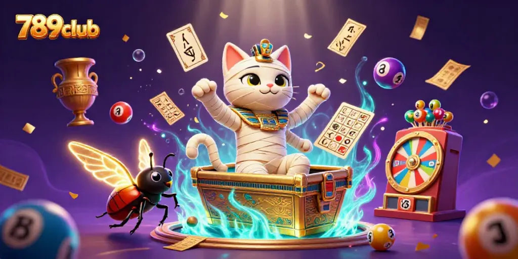 Experience excitement at 789club with a vibrant scene featuring a cartoon mummy cat and glowing elements.