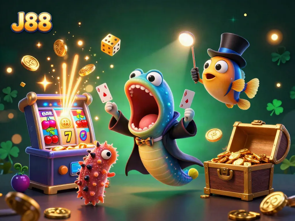 J88 engages players with a vivid 3D casino magic scene showcasing dynamic slots and thrilling gaming elements.