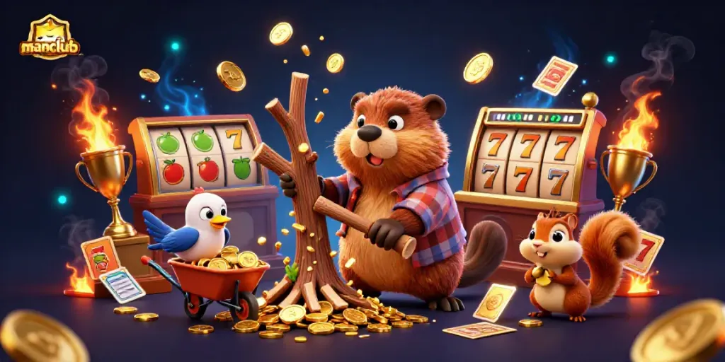 Experience thrilling gameplay with manclub's immersive casino elements, golden coins, and vibrant characters.