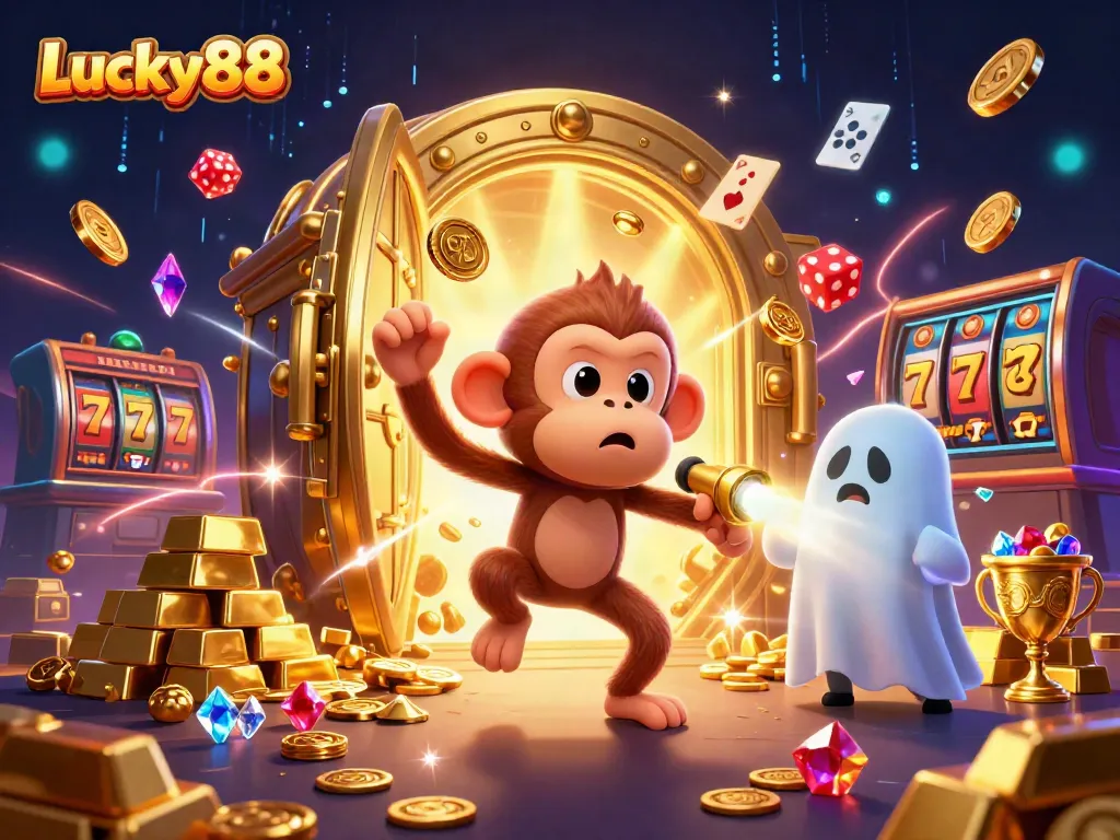 Engage with the thrilling atmosphere of Lucky88 as characters and golden treasures illuminate a haunted casino.