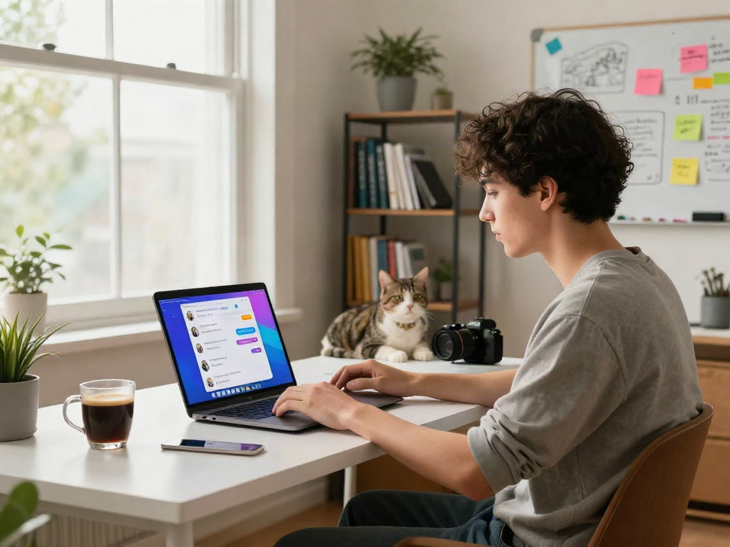Person enjoying a cozy chat session with spicy chat ai in a modern home office setting, featuring a laptop, coffee, and inspiring decor.