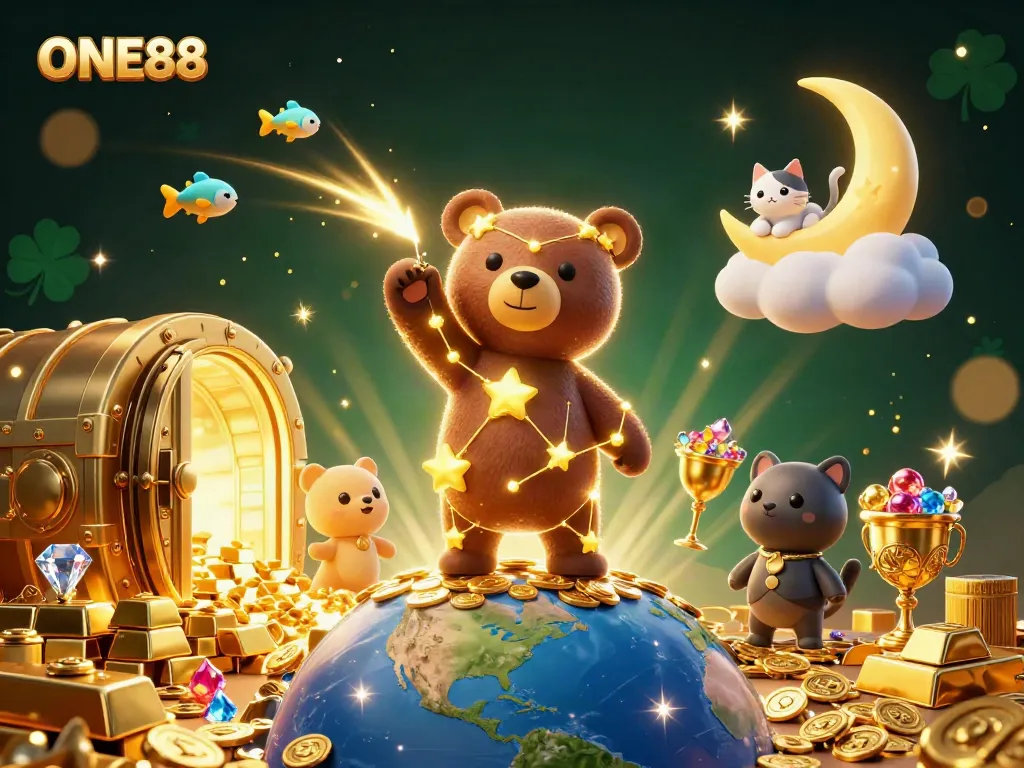 ONE88 players revel in fortunes with starry bear, treasure vaults, and vibrant casino elements.
