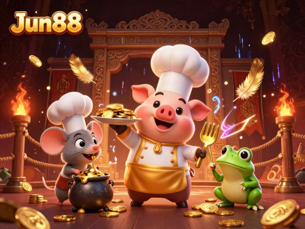 Join the excitement at Jun88 as a cartoon chef pig serves gold coins in a lively casino setting.