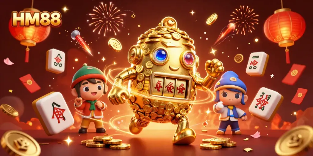 Experience thrilling gameplay with HM88's golden golem surrounded by vibrant casino elements.